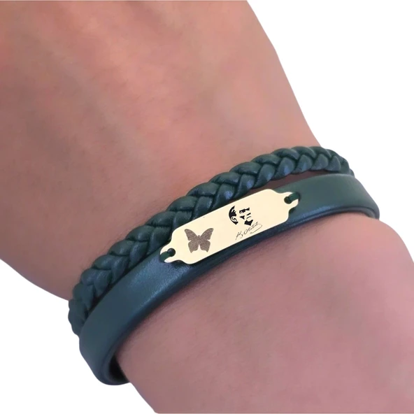 14 Ayar Altın Plakalı Sembole Özel Hakiki Koyu Yeşil Derili Kelebek Figürlü Hediye Bileklik-656 - Resim 3