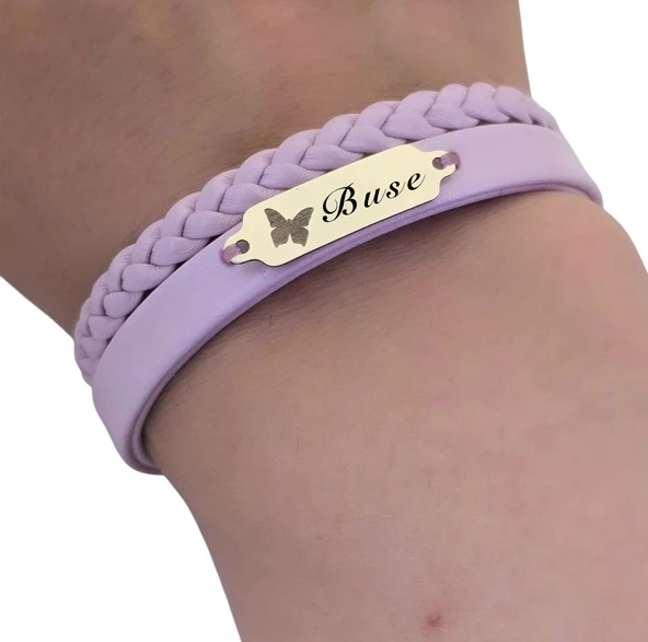 14 Ayar Altın Plakalı İsme Özel Açık Mor Derili Kelebek Motifli Hediye Bileklik-655 - Resim 3