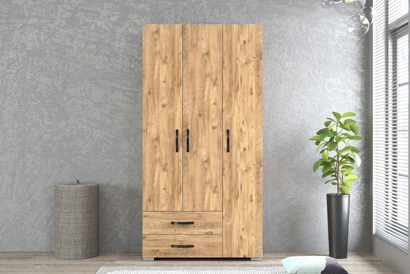 LENDA Femme 3 Kapaklı İki Çekmeceli Gardırop - Atlantik Çam - 2