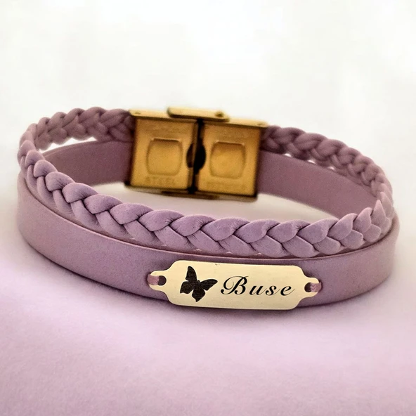 14 Ayar Altın Plakalı İsme Özel Açık Mor Derili Kelebek Motifli Hediye Bileklik-655 ürün görseli