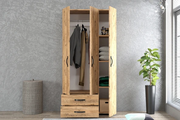 LENDA Femme 3 Kapaklı İki Çekmeceli Gardırop - Atlantik Çam - 3