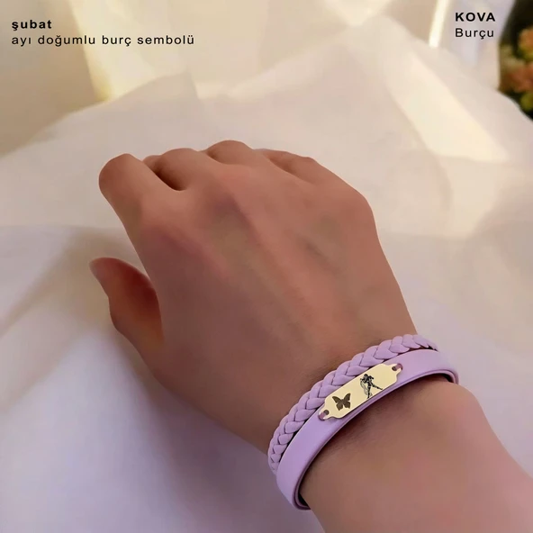 14 Ayar Altın Plakalı Burca Özel Kelebek Motifli Açık Mor Derili Hediye Bileklik-655 - Resim 2