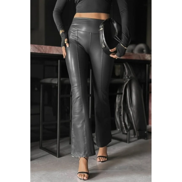 Lucky Life Kadın Yüksek Bel Paçaya Doğru Geniş Deri Pantolon - 2