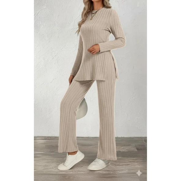 Lucky Life Kadın Uzun Kollu Bisiklet Yaka Yandan Yırtmaçlı şardonlu Kaşkorse Bluz Ve Pantolon Ikili Takım - Resim 2