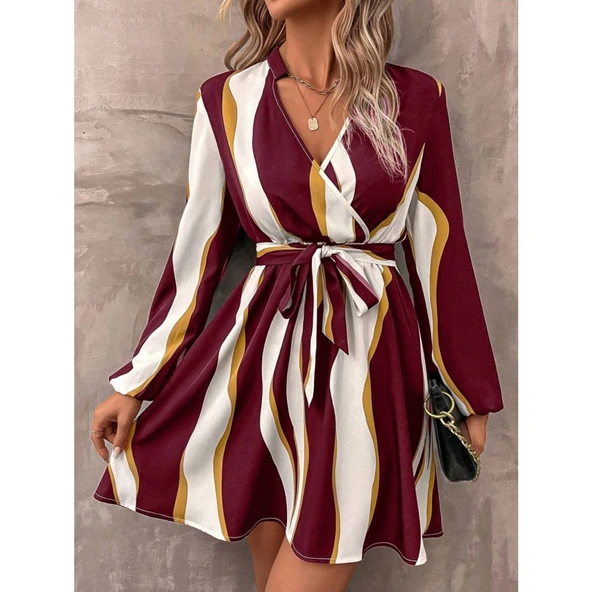 Lucky Life Kadın Uzun Kollu Kruvaze Yakalı Desenli Modal Mini Elbise - Resim 4