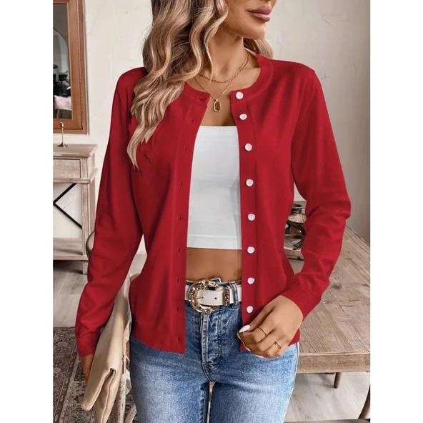 Lucky Life Kadın Uzun Kollu önden Düğmeli Triko Ceket