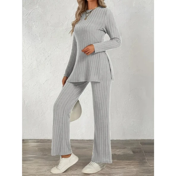 Lucky Life Kadın Uzun Kollu Bisiklet Yaka Yandan Yırtmaçlı şardonlu Kaşkorse Bluz Ve Pantolon Ikili Takım - 2