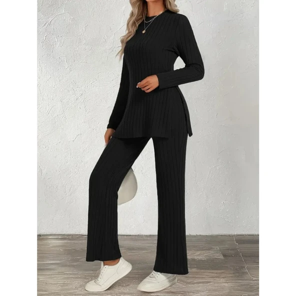 Lucky Life Kadın Uzun Kollu Bisiklet Yaka Yandan Yırtmaçlı şardonlu Kaşkorse Bluz Ve Pantolon Ikili Takım - Resim 2