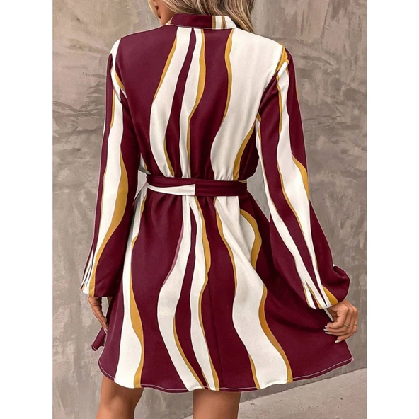 Lucky Life Kadın Uzun Kollu Kruvaze Yakalı Desenli Modal Mini Elbise - Resim 11