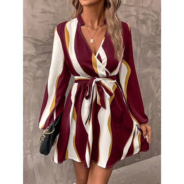 Lucky Life Kadın Uzun Kollu Kruvaze Yakalı Desenli Modal Mini Elbise - Resim 8