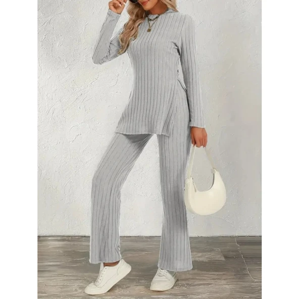 Lucky Life Kadın Uzun Kollu Bisiklet Yaka Yandan Yırtmaçlı şardonlu Kaşkorse Bluz Ve Pantolon Ikili Takım - 4