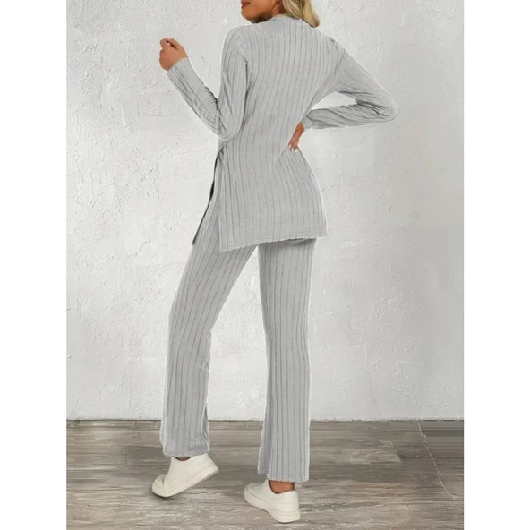 Lucky Life Kadın Uzun Kollu Bisiklet Yaka Yandan Yırtmaçlı şardonlu Kaşkorse Bluz Ve Pantolon Ikili Takım - 3