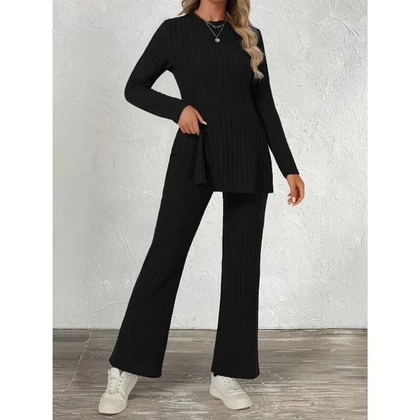 Lucky Life Kadın Uzun Kollu Bisiklet Yaka Yandan Yırtmaçlı şardonlu Kaşkorse Bluz Ve Pantolon Ikili Takım - Resim 3