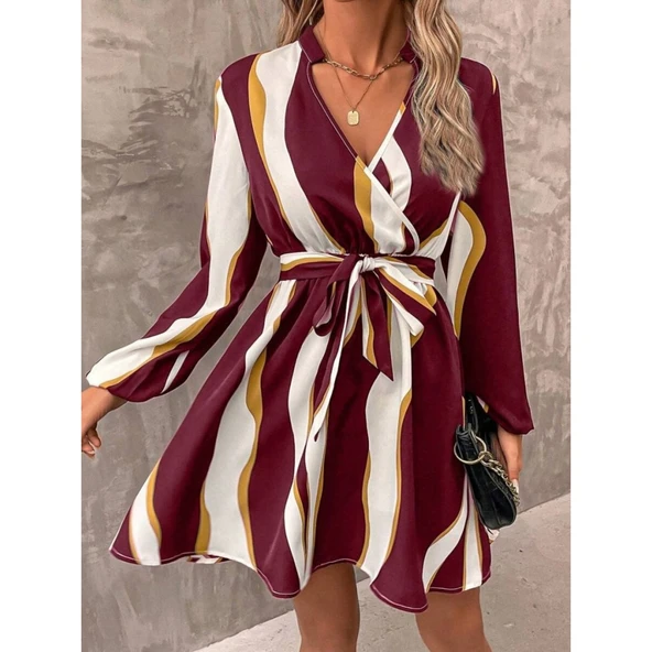 Lucky Life Kadın Uzun Kollu Kruvaze Yakalı Desenli Modal Mini Elbise - Resim 3