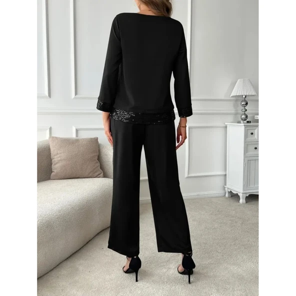 Lucky Life Kadın Uzun Kollu Bisiklet Yaka Pulpayetli Viskon Iki Iplik Bluz Ve Pantolon Ikili Takım - Resim 5