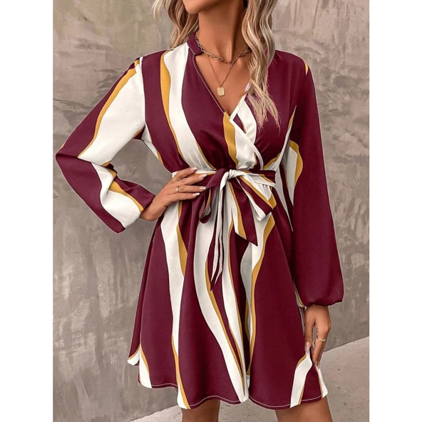 Lucky Life Kadın Uzun Kollu Kruvaze Yakalı Desenli Modal Mini Elbise ürün görseli 1