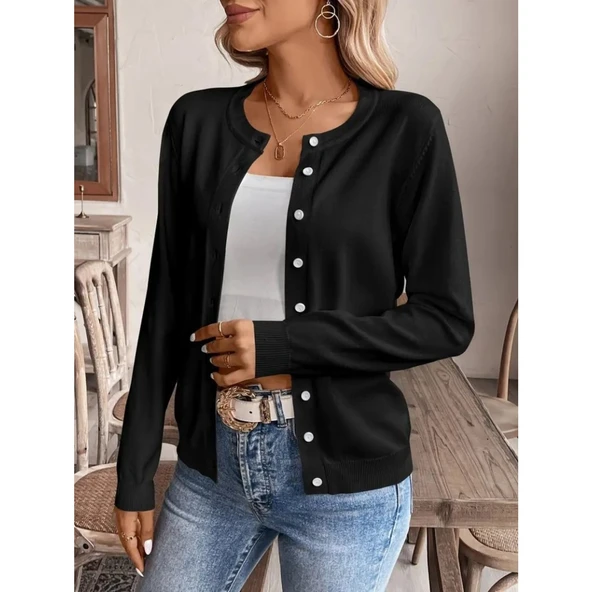 Lucky Life Kadın Uzun Kollu önden Düğmeli Triko Ceket - Resim 4