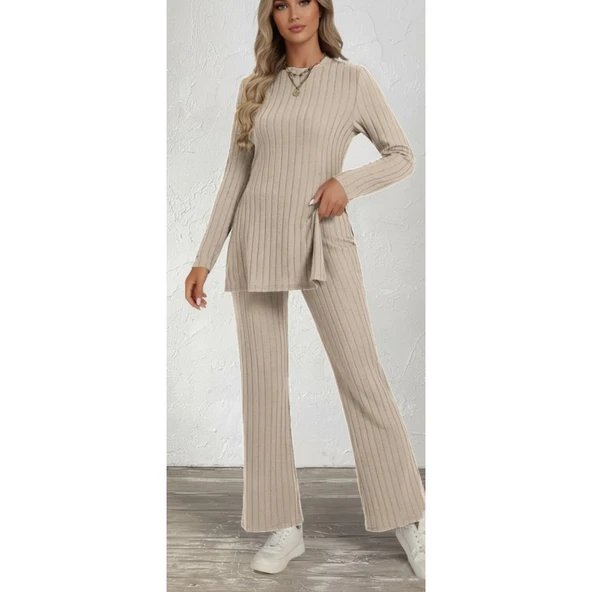 Lucky Life Kadın Uzun Kollu Bisiklet Yaka Yandan Yırtmaçlı şardonlu Kaşkorse Bluz Ve Pantolon Ikili Takım ürün görseli 1