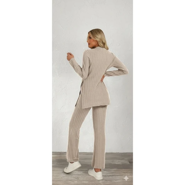 Lucky Life Kadın Uzun Kollu Bisiklet Yaka Yandan Yırtmaçlı şardonlu Kaşkorse Bluz Ve Pantolon Ikili Takım - Resim 3