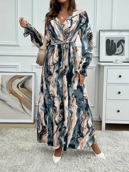 Lucky Life Kadın Uzun Kollu Kruvaze Yakalı Beli Kuşaklı Desenli Süprem Maxi Elbise - Resim 3