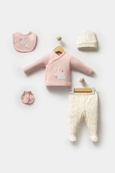 Bebitof %100 Pamuk Sevimli Ay ve Bulutlar Desenli Bebek 5 Parça Yenidoğan Hastane Çıkışı Zıbın Seti BBTF.PMB.2023