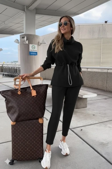 Lucky Life Kadın Uzun Kollu Balıkçı Yaka Belden Lastikli Modal Bluz Ve Pantolon Ikili Takım - Resim 4