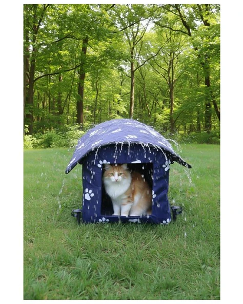 Yuga Pati Desenli Lacivert Kedi Evi Isı ve Yağmur Korumalı - 5