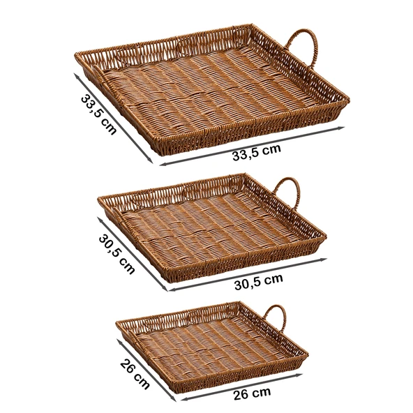 Porsima 709-C Kare 3'lü Dekoratif Ev Banyo Mutfak Düzenleyici Kulplu Hasır Sepet Seti Hasır Tepsi - Resim 5
