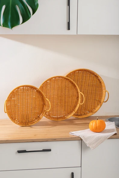 Porsima 710-B Yuvarlak 3'lü Dekoratif Ev Mutfak Düzenleyici Kulplu Hasır Sepet Seti Hasır Tepsi - Resim 2