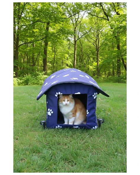 Yuga Pati Desenli Lacivert Kedi Evi Isı ve Yağmur Korumalı - 4