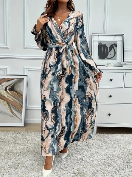 Lucky Life Kadın Uzun Kollu Kruvaze Yakalı Beli Kuşaklı Desenli Süprem Maxi Elbise ürün görseli 1