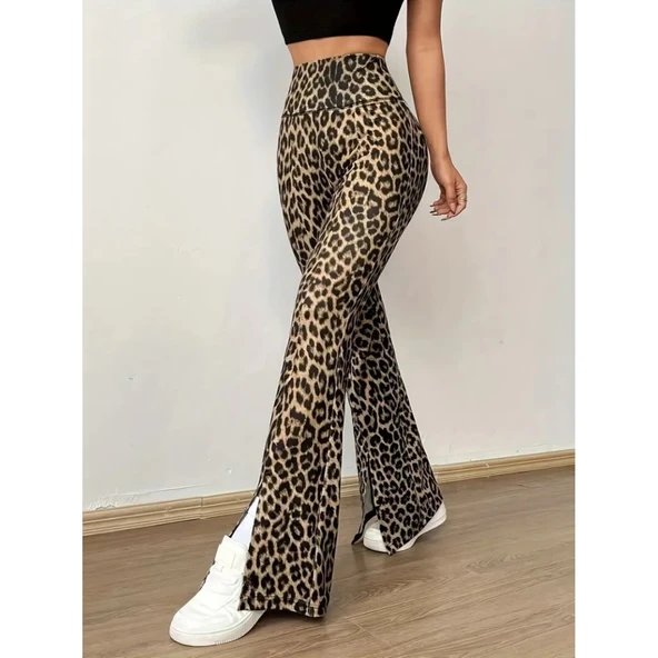 Lucky Life Kadın Yüksek Bel Leopar Desenli Yırtmaçlı Dalgıç Tayt - 2