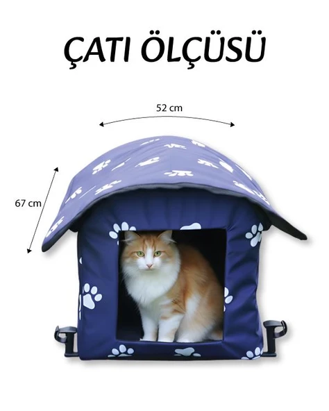 Yuga Pati Desenli Lacivert Kedi Evi Isı ve Yağmur Korumalı - 9