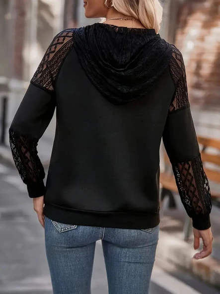Lucky Life Kadın Uzun Kollu Dantelli Kapşonlu Viskon Iki Iplik Bluz - Resim 5