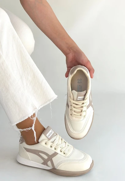 Pabucmarketi Bej Vizon Bağcıklı Kadın Spor Ayakkabı - 2