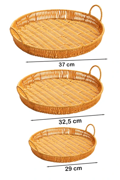 Porsima 710-B Yuvarlak 3'lü Dekoratif Ev Mutfak Düzenleyici Kulplu Hasır Sepet Seti Hasır Tepsi - Resim 4
