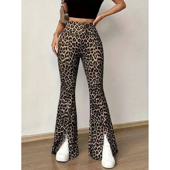 Lucky Life Kadın Yüksek Bel Leopar Desenli Yırtmaçlı Dalgıç Tayt - 4