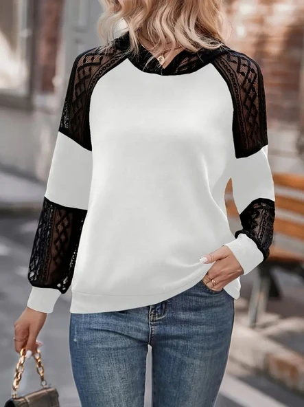 Lucky Life Kadın Uzun Kollu Dantelli Kapşonlu Viskon Iki Iplik Bluz - Resim 5