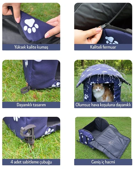 Yuga Pati Desenli Lacivert Kedi Evi Isı ve Yağmur Korumalı - 6