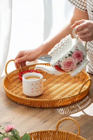 Porsima 710-B Yuvarlak 3'lü Dekoratif Ev Mutfak Düzenleyici Kulplu Hasır Sepet Seti Hasır Tepsi - Resim 3