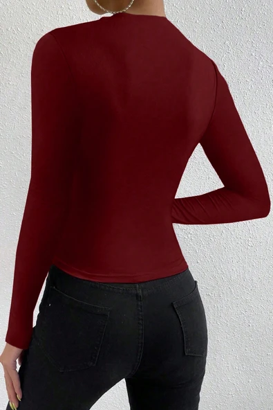 Kadın Bordo Belden ve Boyundan Büzgü Detaylı Uzun Kollu Bluz - Resim 2