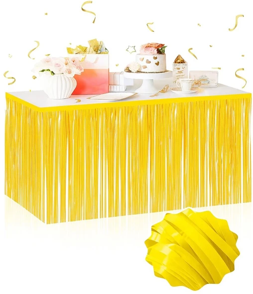 pilelistore Kendinden Yapışkanlı Makaron Sarı Püsküllü Masa Eteği – 75 x 275 cm Parti Süslemesi