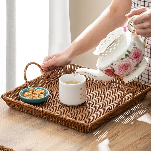 Porsima 709-C Kare 3'lü Dekoratif Ev Banyo Mutfak Düzenleyici Kulplu Hasır Sepet Seti Hasır Tepsi - Resim 3