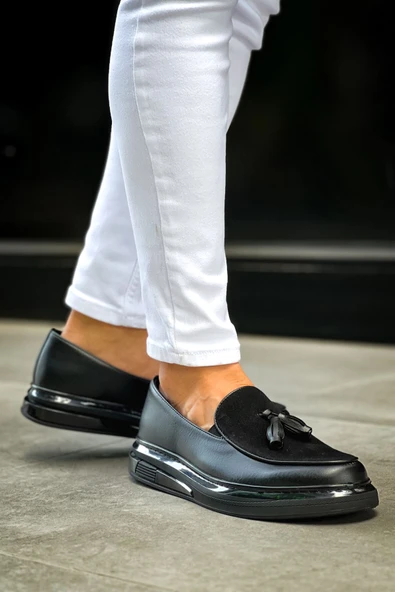 Pabucmarketi Püsküllü Erkek Günlük Ayakkabı Siyah (Siyah Taban) - Resim 5