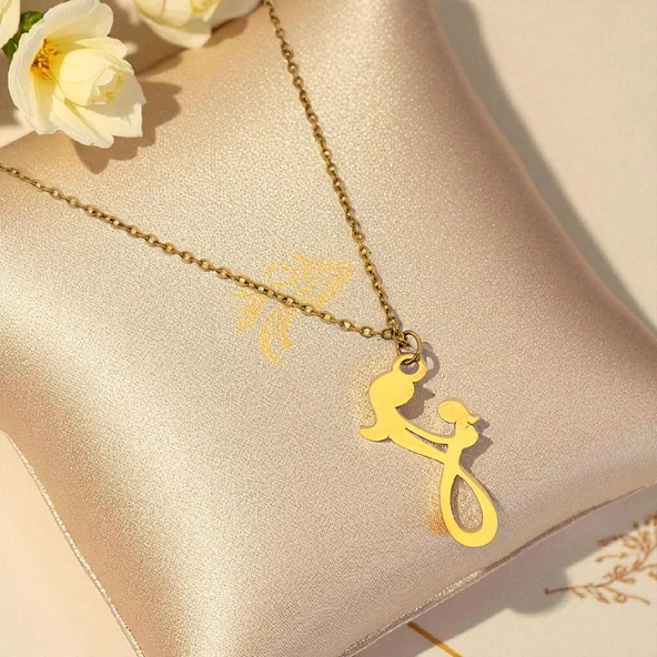 Bayanlara Özel Altın Renkli Zincirli 14 Ayar Altın Plakalı Anne ve Çocuk Sevgisi Motifli Hediyelik Kolye-658 ürün görseli