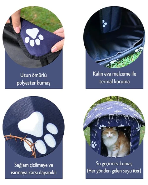 Yuga Pati Desenli Lacivert Kedi Evi Isı ve Yağmur Korumalı - 7