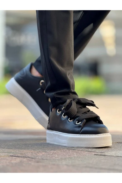 Pabucmarketi Bağcıklı Erkek Günlük Ayakkabı Siyah (Beyaz Taban) - Resim 2