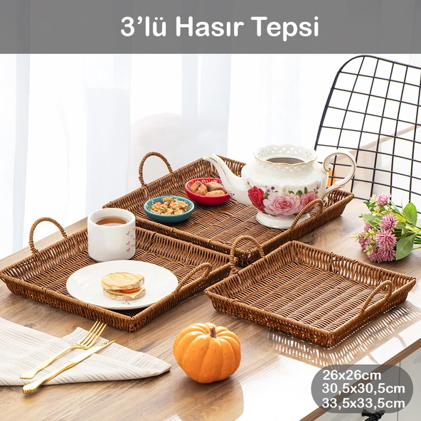 Porsima 709-C Kare 3'lü Dekoratif Ev Banyo Mutfak Düzenleyici Kulplu Hasır Sepet Seti Hasır Tepsi ürün görseli