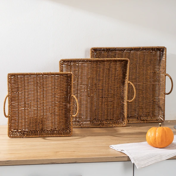 Porsima 709-C Kare 3'lü Dekoratif Ev Banyo Mutfak Düzenleyici Kulplu Hasır Sepet Seti Hasır Tepsi - Resim 4