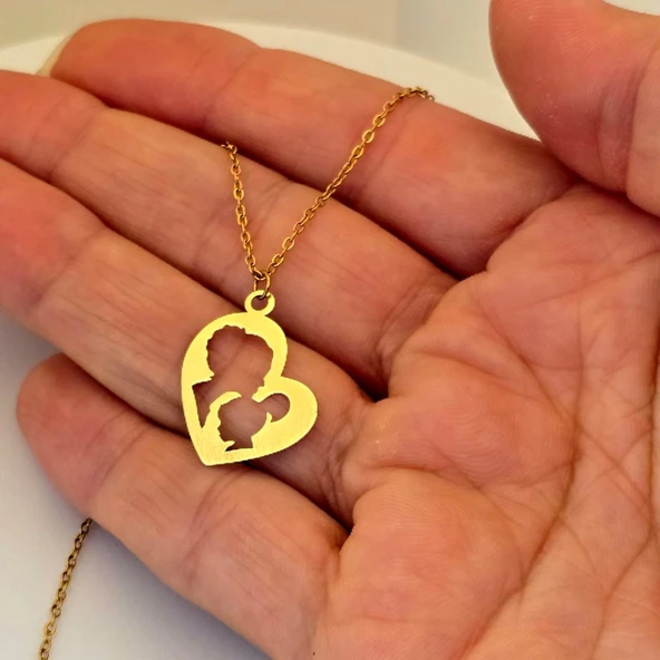 Anne ve Çocuk Sevgisi Figürlü Bayanlara Özel 14 Ayar Altın Plakalı Altın Renkli Zincirli Hediyelik Kolye-659 - Resim 3